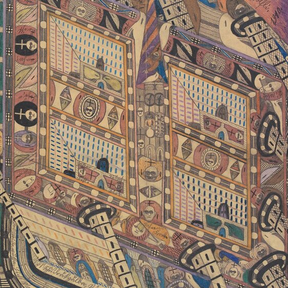 Ausschnitt aus «Irren=Anstalt Band=Hain», 1910, Bleistift und Farbstift auf Zeitungspapier.