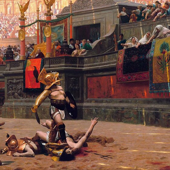Pollice verso, Daumen nach unten. Oft entschied das Publikum, ob ein besiegter Gladiator leben oder sterben sollte. Gemälde von Jean-Léon Gérôme, 1872.