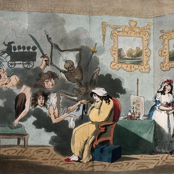 Eine niedergeschlagene Person wird von düsteren Geistern gequält. Druck aus dem Jahr 1788.