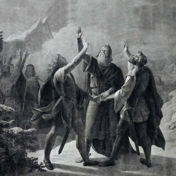 Der Schwur der drei Eidgenossen auf dem Rütli prägt unser Bild der Alten Eidgenossenschaft. Doch dieses beliebte Sujet hat mit dem historischen Bundesschwur wenig gemein. Kupferstich von Carl Heinrich Rahl.