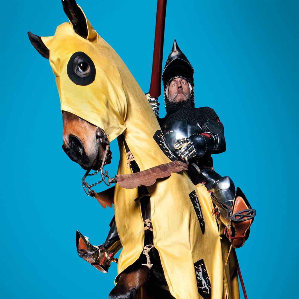 Life-size knight with lance on horseback