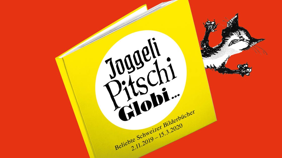 Key visual of the exhibition "Joggeli, Pitschi, Globi... popular Swiss children's books" it shows a cat trapped in a book in drawn form