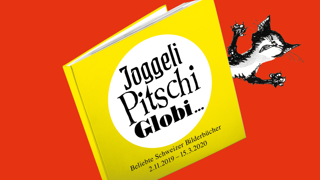 Keyvisual der Ausstellung "Joggeli, Pitschi, Globi… beliebte Schweizer Kinderbücher" es zeigt eine eingeklemmte Katze in einem Buch in gezeichneter Form