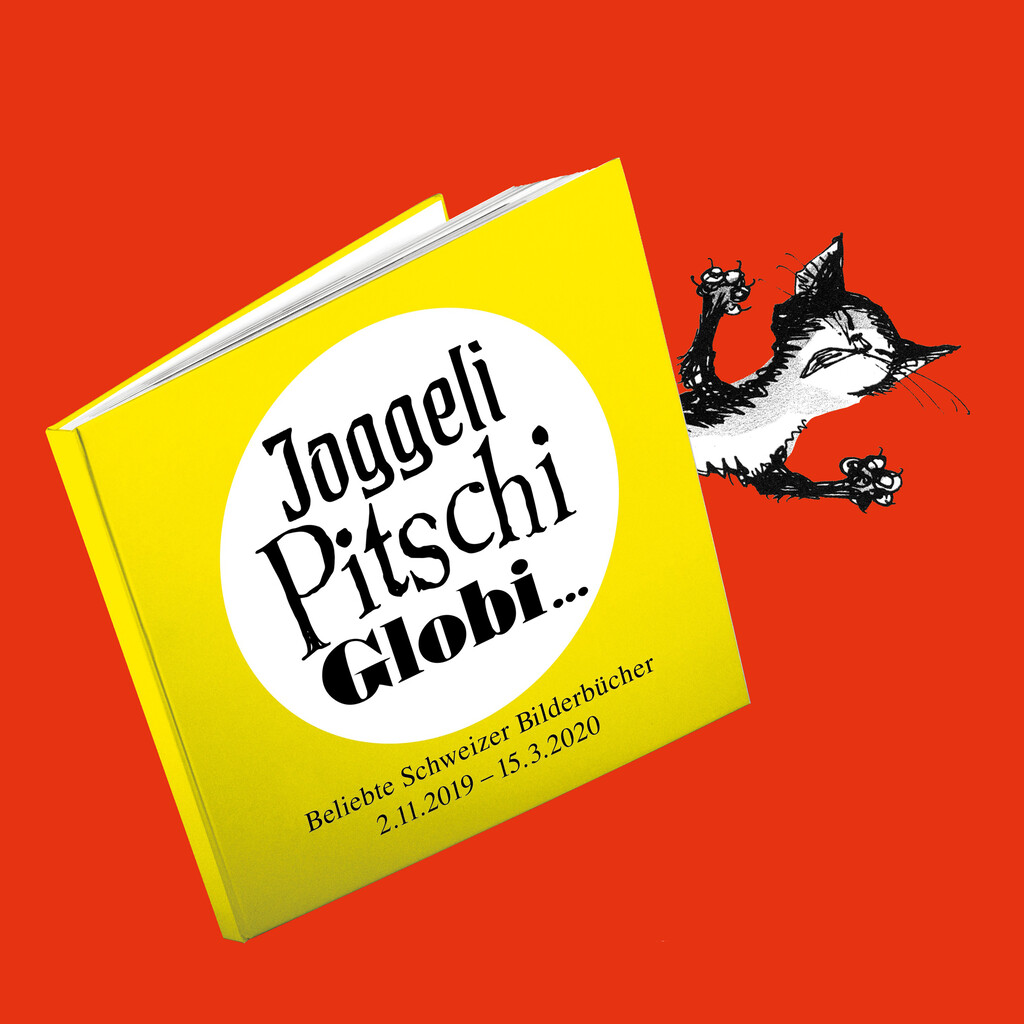 Key visual of the exhibition "Joggeli, Pitschi, Globi... popular Swiss children's books" it shows a cat trapped in a book in drawn form