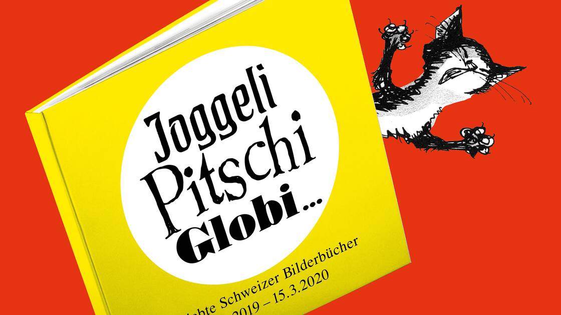 Keyvisual de l'exposition "Joggeli, Pitschi, Globi... livres suisses pour enfants populaires" il montre un chat coincé dans un livre sous forme de dessin