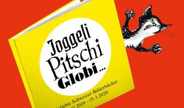 Key visual of the exhibition "Joggeli, Pitschi, Globi... popular Swiss children's books" it shows a cat trapped in a book in drawn form