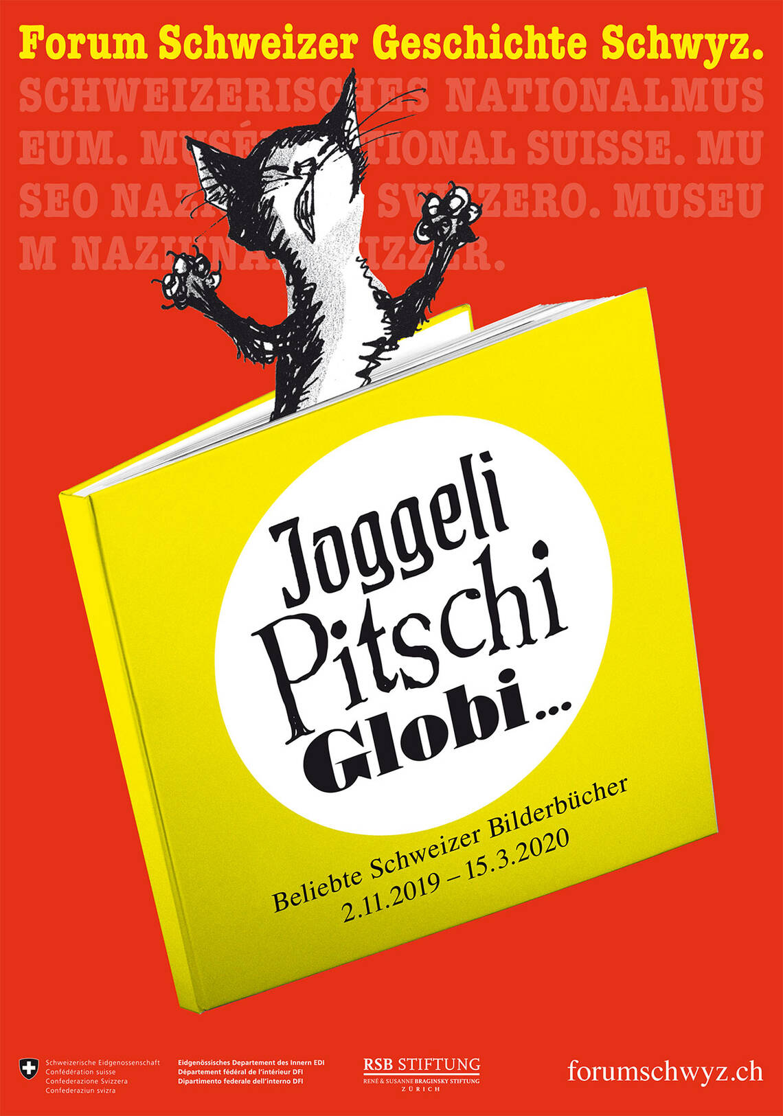 Il key visual della mostra "Joggeli, Pitschi, Globi... libri popolari svizzeri per l'infanzia" mostra un gatto intrappolato in un libro in forma disegnata