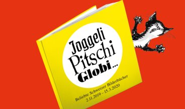 Keyvisual der Ausstellung "Joggeli, Pitschi, Globi… beliebte Schweizer Kinderbücher" es zeigt eine eingeklemmte Katze in einem Buch in gezeichneter Form