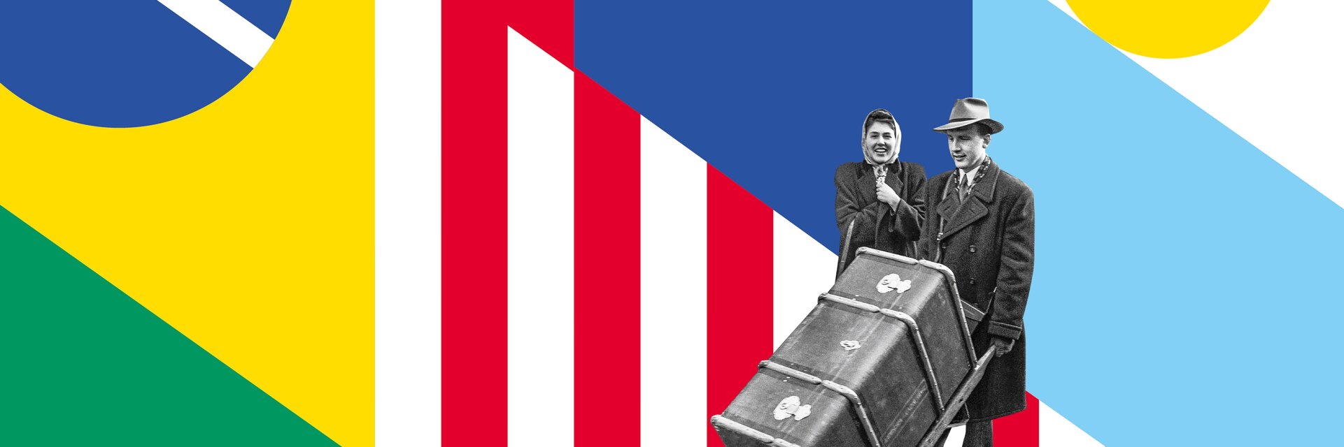 Immagine chiave della mostra "Svizzera Altrove": mostra una coppia di coniugi, l'uomo che spinge una grande valigia d'oltremare.