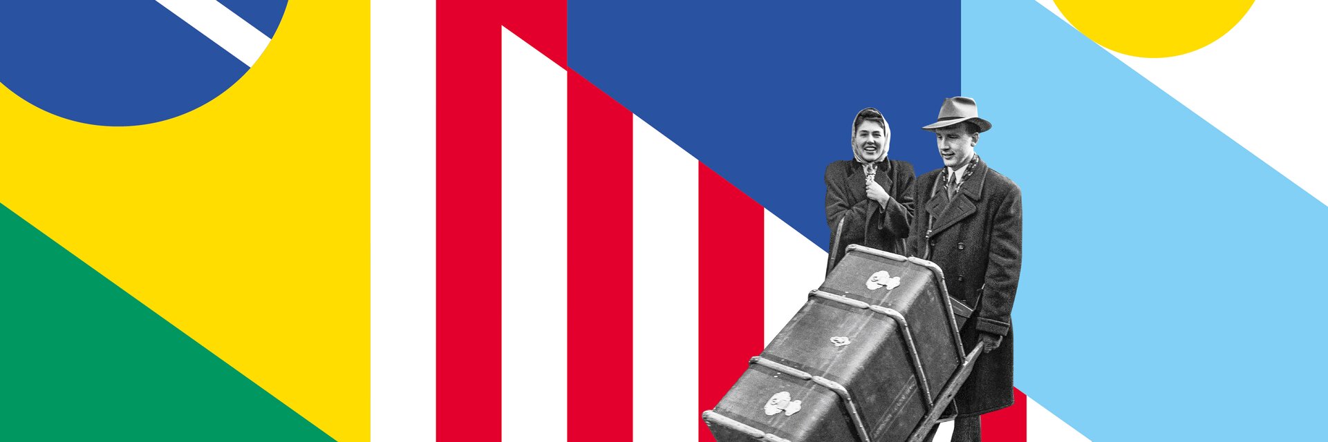 Key visual of the exhibition "Switzerland Elsewhere" - it shows a married couple, the man pushing a large overseas suitcase.