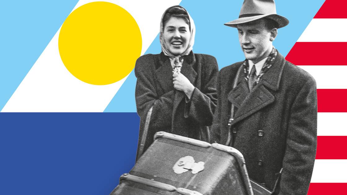 Key visual for the exhibition "Switzerland Elsewhere" - it shows a married couple, the man pushing a large overseas suitcase.