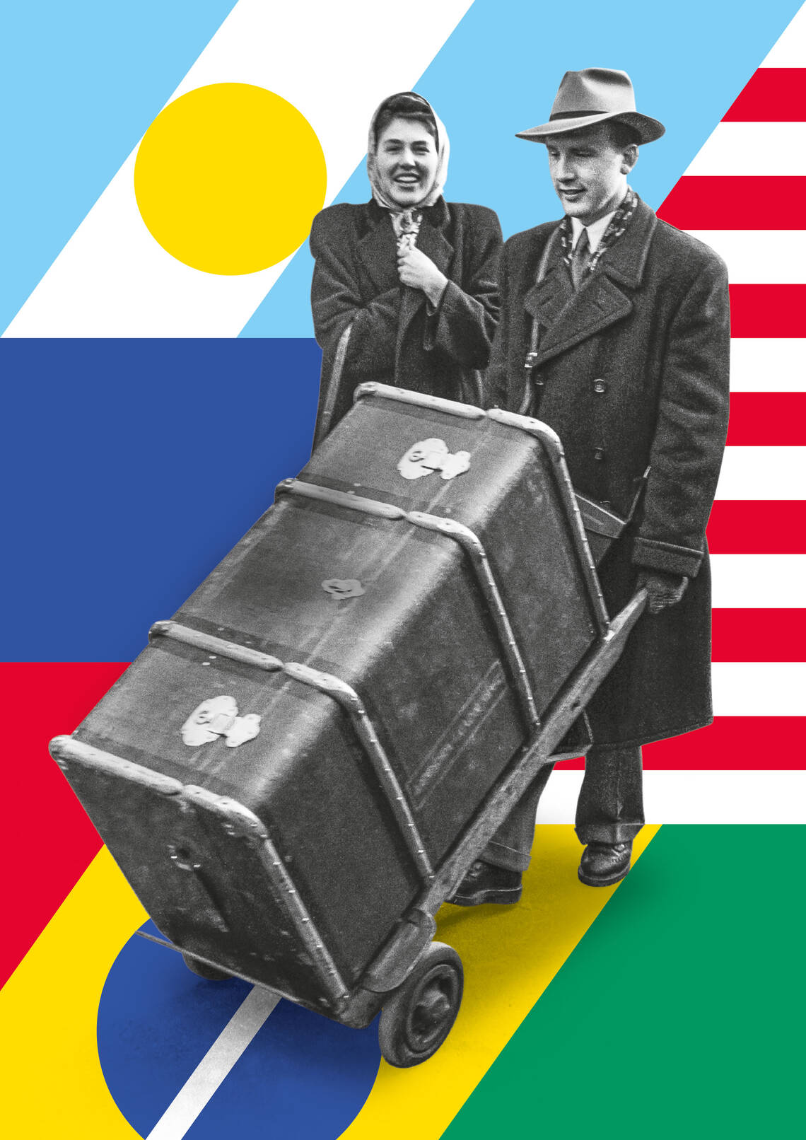 Keyvisual der Ausstellung "Die Schweiz anderswo" - es zeigt ein Ehepaar, der Mann stösst einen grossen Überseekoffer
