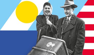 Keyvisual der Ausstellung "Die Schweiz anderswo" - es zeigt ein Ehepaar, der Mann stösst einen grossen Überseekoffer