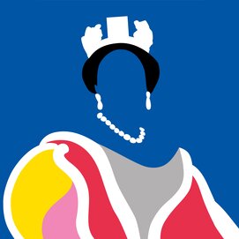 Il key visual della mostra "The Royals are coming": su uno sfondo blu, una personalità reale, raffigurata graficamente, senza volto.