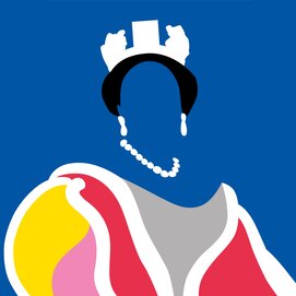 Keyvisual der Ausstellung "Die Royals kommen" zu sehen auf blauem Hintergrund, eine royale Persönlichkeit, grafisch dargestellt, ohne Gesicht