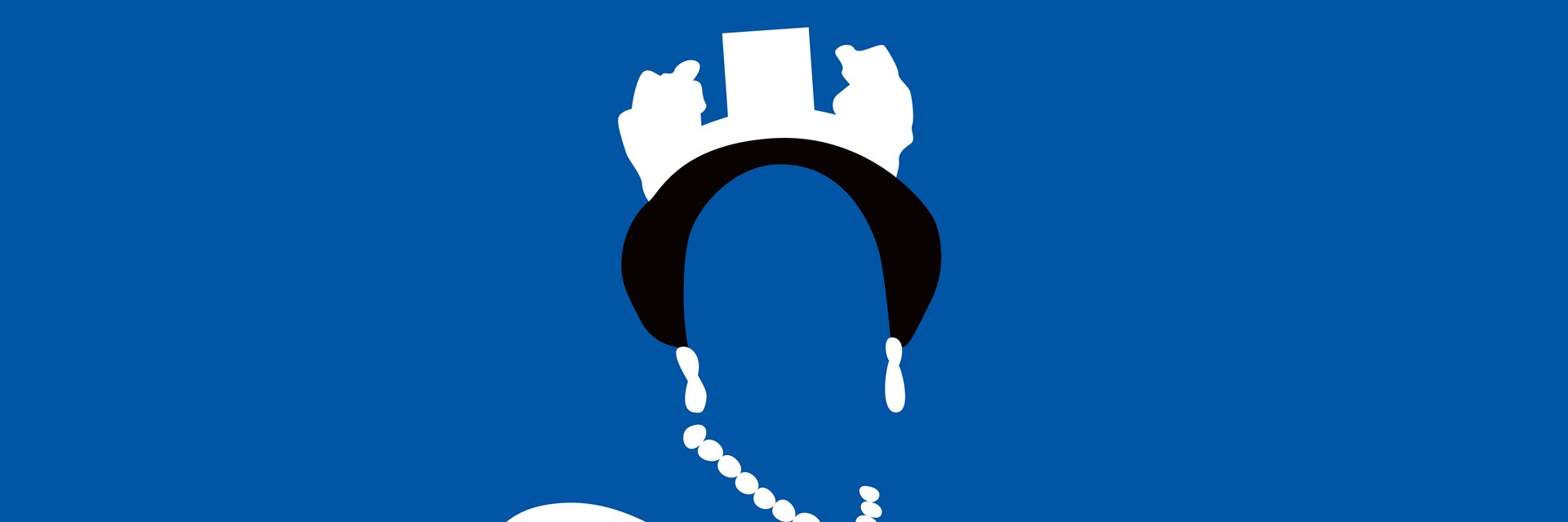 Keyvisual der Ausstellung "Die Royals kommen" zu sehen auf blauem Hintergrund, eine royale Persönlichkeit, grafisch dargestellt, ohne Gesicht