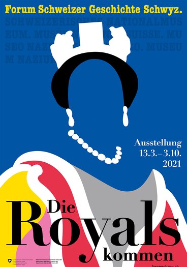 Key visual of the exhibition "The Royals are coming" to be seen on a blue background, a royal personality, graphically depicted, without a face