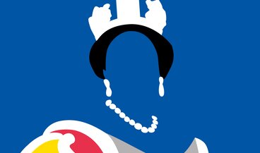 Keyvisual der Ausstellung "Die Royals kommen" zu sehen auf blauem Hintergrund, eine royale Persönlichkeit, grafisch dargestellt, ohne Gesicht