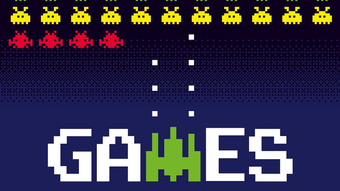 Key visual della mostra "Games" da vedere su sfondo blu tipici alieni SpaceInvader, rappresentati graficamente