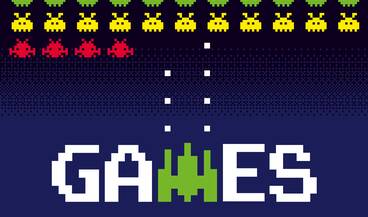 Keyvisual der Ausstellung "Games" zu sehen auf blauem Hintergrund typische SpaceInvader Aliens, grafisch dargestellt