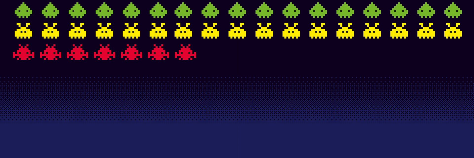Keyvisual der Ausstellung "Games" zu sehen auf blauem Hintergrund typische SpaceInvader Aliens, grafisch dargestellt