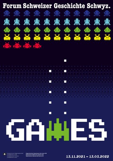 Key visual della mostra "Games" da vedere su sfondo blu tipici alieni SpaceInvader, rappresentati graficamente