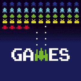 Key visual della mostra "Games" da vedere su sfondo blu tipici alieni SpaceInvader, rappresentati graficamente