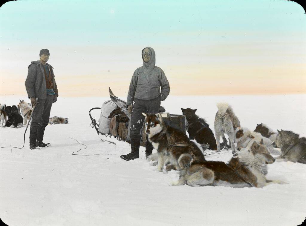 Expeditionsteilnehmer Fick und Hösli machen Rast mit Huskyhunden, Foto aus dem Jahr 1912