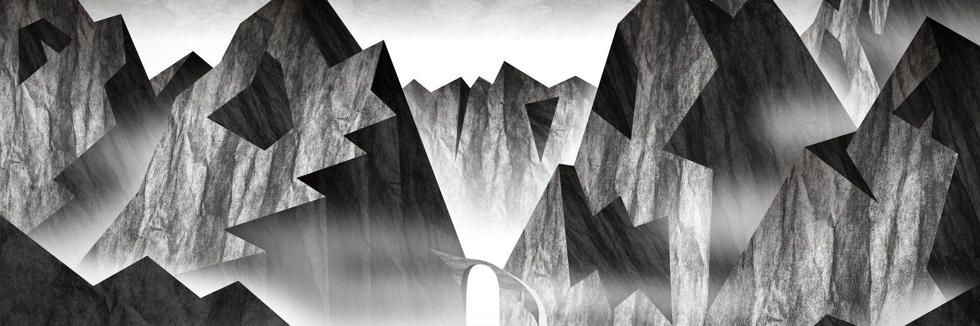 Key visual of the exhibition "Legendary Alpine Space" grey mountain landscape with shadowy faces