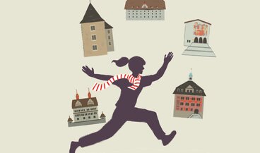 Zeichnung: Kind in hüpfender Haltung umgeben von historischen Gebäuden des Hauptortes Schwyz.