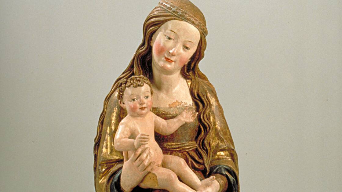 Skulptur. Stehende Maria mit dem Kind. Nicklaus Weckmann. Lindenholz. Um 1495.